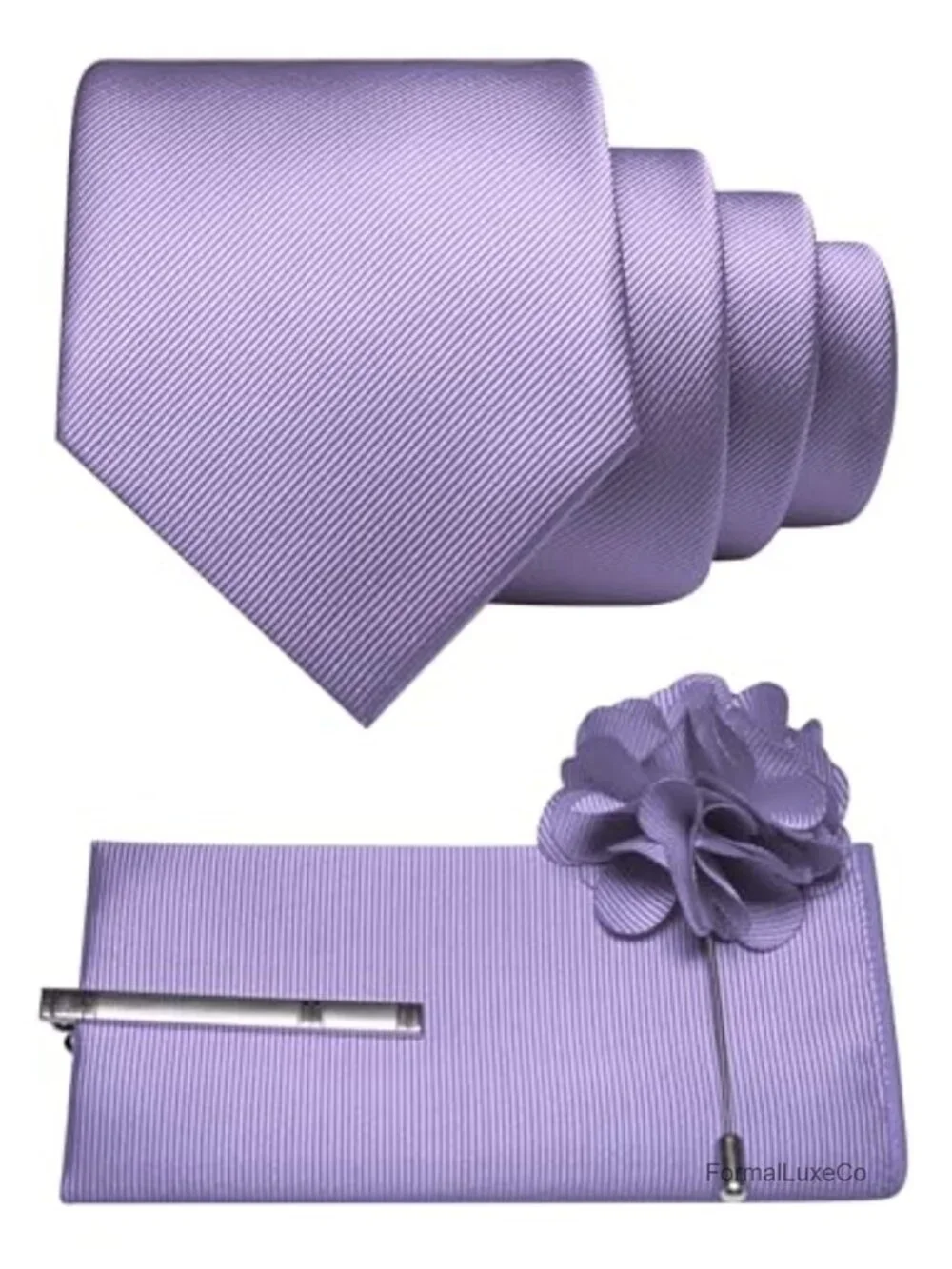 Formal Necktie Set with Pocket Square, Tie Clip & Lapel Pin - 4 Piece Men's